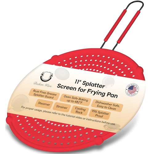 Image of Beckon Ware 11-Inch Splatter Screen for Frying Pan, Silicone, USA Brand | grease splatter guard, Fits 9-11 inch pans, Red, Helps contain cooking grease and oven safe