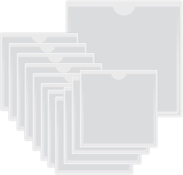 HLIWS Adhesive Vertical Plastic Card Sleeves,Card Plastic Pocket Holder,12 pcs,10.5*10.5cm,Waterproof Clear Pockets for Home, Office, School and Travel