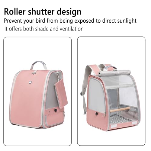 Bird Carrier Backpack, Portable Travel Bird Cage with Standing Perch, 2 Feeder Cups, Iron Mesh Stand & Removable Tray Lightweight, Breathable Mesh Window for Parrot Carrier,Easy Clean (Pink - Image 6