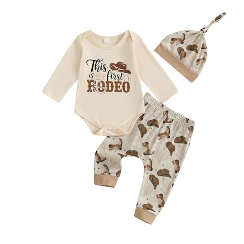 Image of Gaono Newborn Baby Boy Western Coming Home Outfit Cowboy Long Sleeve Romper And Pants Hat 3 Piece Fall Clothes