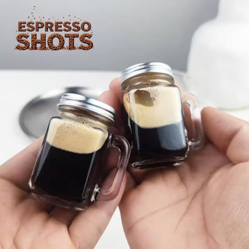 Image of STORE 2508 Mini Glass Mason Jars with Handles, 40ml, Pack of 6 | Six 40 ml glass jars include handles and metal lids for espresso shots, wellness shots, spices, crafts and party favours.