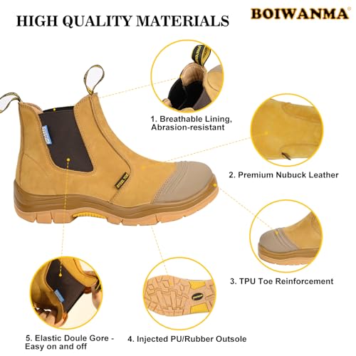 Work Boots for Men, Steel Toe, Puncture-Resistant, Pull on Chelsea Leather Safety Boots, US Size 6-15 M & W3