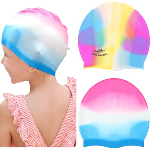 Swimming Caps for Kids 2 PACK Elastic Silicone Swimming Hat Waterproof Swim Cap for Long Short Hair Girls Boys Kids Teens Children (Multicolor 2pcs)