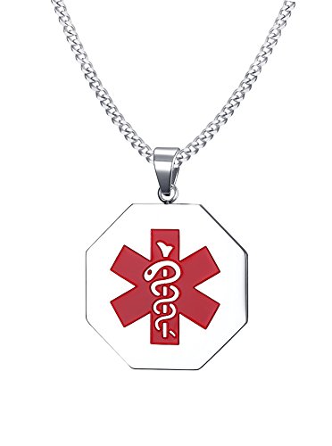 Mealguet Jewelry Free Engraving- Stainless Steel Octagon Medical Alert ID Tag Pendant Necklace with 24\" Chain