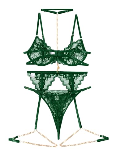 Image of Lilosy Sexy Choker Floral Lace Scallop Sheer Underwire Push Up Garter Belt Lingerie Set 3 Piece