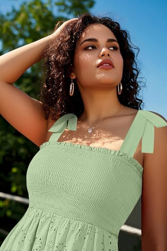 Image of Pinup Fashion Plus Size Summer Sun Smocked Eyelet Tie Straps Midi Dress | Adjustable tie straps, square neck, high waist, flowy tiered A-line, perfect for casual beach, holiday vacation, photoshoot