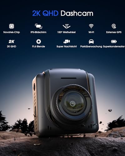 Avylet Dashcam Auto 2K, 1440P WiFi Dash Cam, Mini Vorne Autokamera Unterstützt externes GPS...