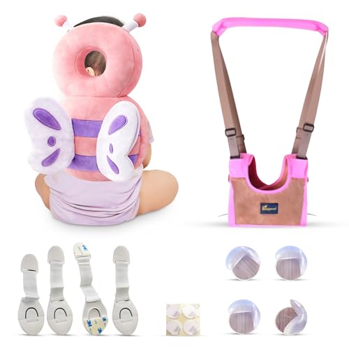 Baby Head Protector Backpack, Comfortable & Safe, Baby Walking Harness, 4 Cabinet Locks & 4 Baby Proof Corners & Edges, Cute Pink Butterfly.