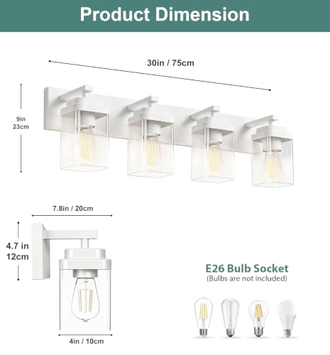 Image of White Bathroom Light Fixtures, 4 Lights Bathroom Lighting Fixtures Over Mirror, Square Design & Rectangle Large Backplate, Modern Vanity Lighting Fixtures, for Bathroom /Living Room /Bedroom