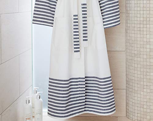 Striped Turkish Robe - One Size Fits Most - Long Bath Robe - White with Blue Accent Stripes3