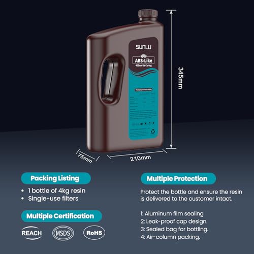 Image of SUNLU 4000G ABS-Like 3D Printer Resin, 405nm UV Curing Photopolymer Rapid 3D Resin for 2K 4K 6K 8K LCD /DLP /SLA 3D Printers, Non-Brittle & High Precision & Low Shrinkage, Grey 4KG