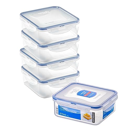 LocknLock Square Food Containers with Lids Set of 5 - Plastic Airtight & Watertight Food Storage Containers, BPA Free & Dishwasher Safe, 5 x 870ml