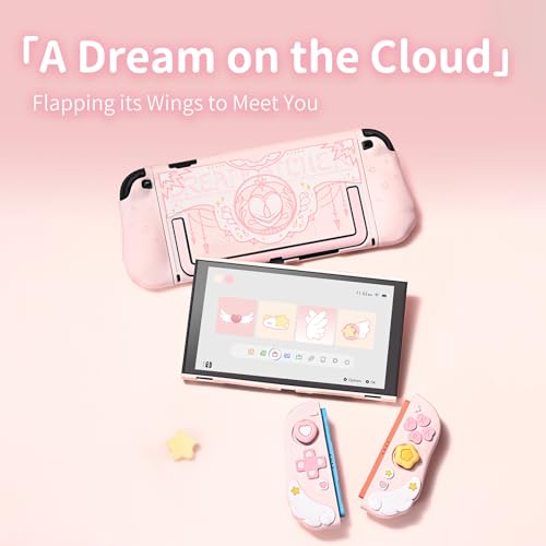 Image of Geekshare Protective Case Set Compatible with switch 2, PC Back Plate with Silicone Joysticks Covers, Includes 2 Thumb Grips, Waterproof Protection - Star Wing Series (Pink)