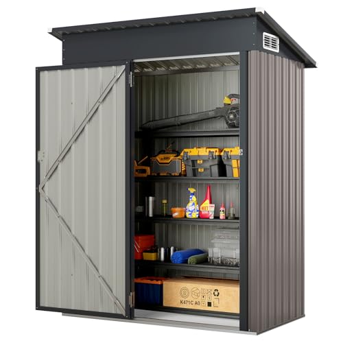 COSTWAY Caseta Jardin Exterior 1,5 m³, 150 x 90,5 x 185 cm, Cobertizo de Almacenamiento, Casa de Herramientas con Diseño de Techo Inclinado, Estructura de Metal Galvanizado (Gris Claro)