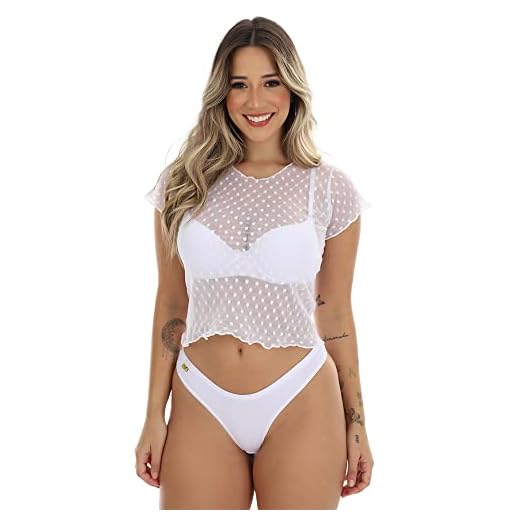 Blusa Tshirt Feminina Camisa Fitness Tule Transparente Camiseta Manga Curta Poá Lisa Adulto (BR, Alfa, M, Regular, Branco)