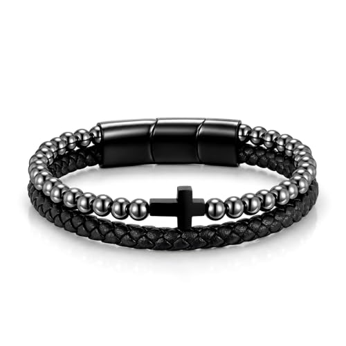 Natural Hematite Bracelet for Men-Handmade Black Leather Cross Bracelets | Adjustable Masculine Healing Hematite Beaded Cuff Bracelets,Religious Catholic Faith Jewelry Gift,Boyfriend Husband Son - image 8