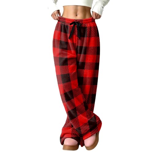 Wide Leg Pants Women Baggy Relaxed Checkered Plaid Flannel Thermal Pjs Pant - image 5