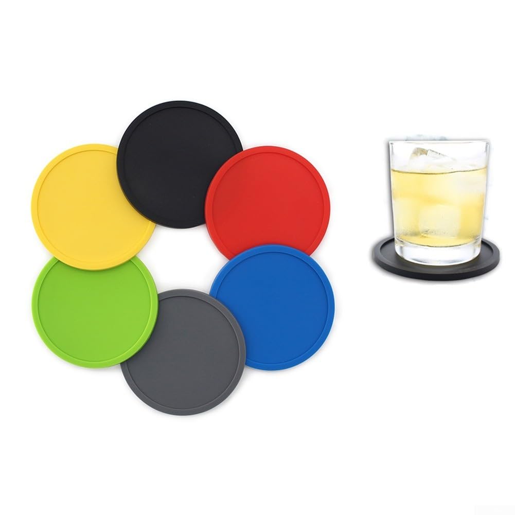 Set de 6 Dessous Verres Silicone Épais (0,5cm) - Dessous Verres Ronds, à Boissons, à Café, à Bière avec Motif Antidérapant (Noir