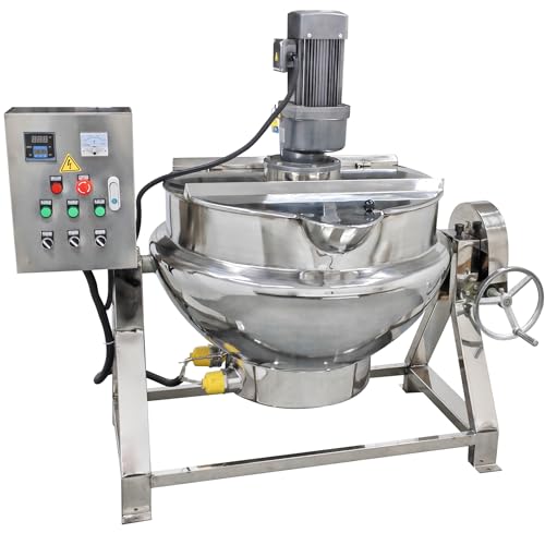 HQHAOTWU Jacketed Cooking Pot Electric Jacketed Kettle with Stirrer Commercial Stainless Steel Tiltable Jacketed Pot 200L 52.8Gallon Capacity for Soup Chili Sauce Beverage Jam Porridge 220V