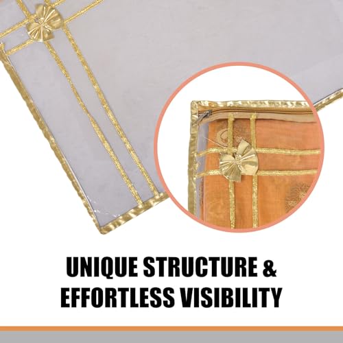 Image of Kuber Industries Polyvinyl Chloride Saree Cover | Clothes Storage Bag | Single Packing Saree With Zip Closure | Bow Design With Golden | Pack Of 6 | Transparent, 36 Cm, 1 Cm