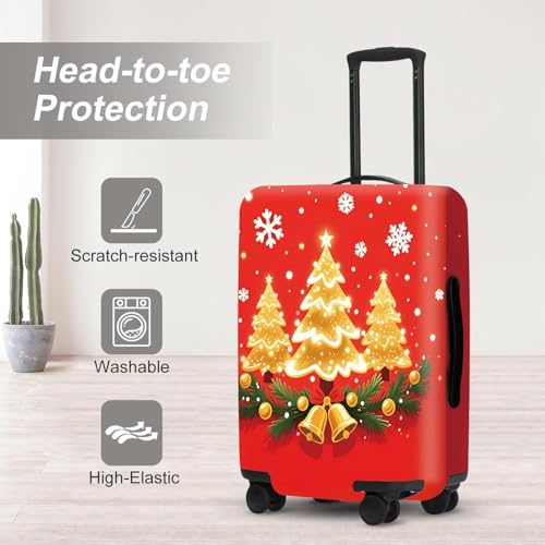 Image of Golden Tree Luggage Cover - Shimmering trees, bells, and holly leaves on a red background, an elegant holiday design, suitable for 32-34 inch suitcase extendable protective cover