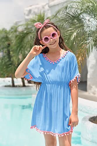 Image of Fommykin Girls Swimsuit Cover Up V Neck Cute Sweet Bikini Tunic Dress | Kids Bathing Suit Cover Up, Elastic Waist, Lightweight Breathable Fabric, Beach Pool Vacation Outfits for Girls 3-14Y
