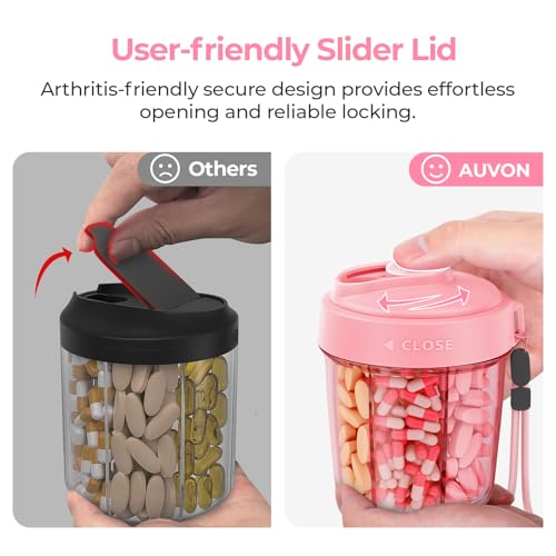 Image of AUVON Large Pill Dispenser Can Store 7 Various Supplements, Travel Pill Organizer Bottle with Anti-Mix Design, Arthritis-friendly Pill Holder with Wide Opening & Slider Lid, Includes 20 Blank Stickers