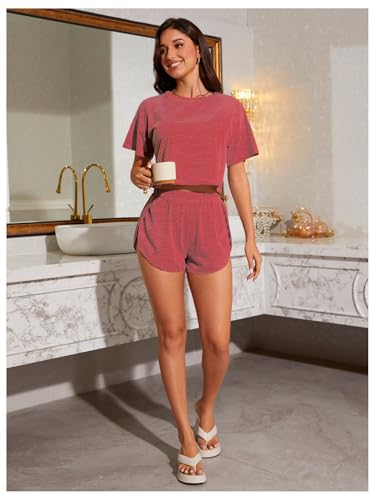 Image of OYOANGLE Womens Pajama Sets 2 Piece Sexy Lounge Sets Summer Cute Pjs Striped Print Tee and Side Split Shorts Set