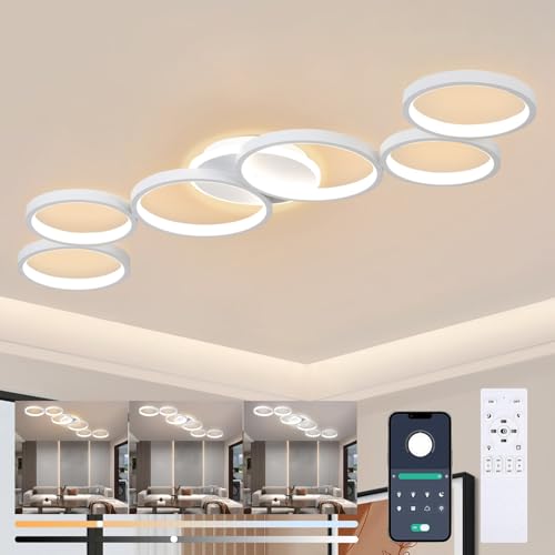 Liyabber LED Plafonnier Dimmable de Salon Blanc Lampe de Salon Lampe de Chambre à Coucher Telecommande et APP, Moderne 6 anneaux ronde Luminaire Plafonnier avec...