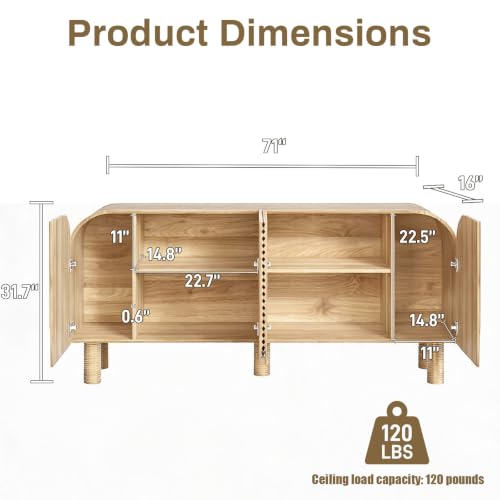 Image of 71 inch Curved Sideboard Cabinet with Storage, 4-Door Buffet Credenza,Natural | Large wood credenza features four textured arched doors, roomy storage, and anti-tip hardware for dining rooms and entryways