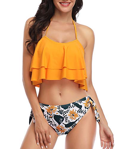 Biquíni Aqua Eve frente única com babados e duas peças, Yellow-1, X-Large