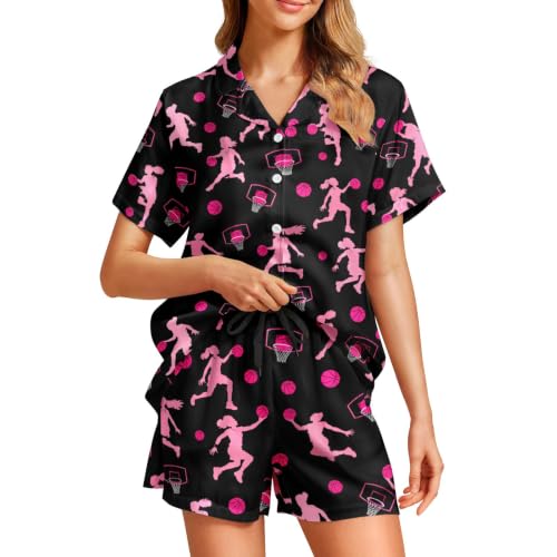 Image of Funny Pajamas for Women Set Print Satin Loungewear Pjs Short Sleeve Button Down Top and Shorts Sets Sleepwear XS-3XL