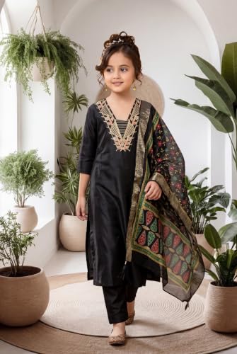 Image of Girls Cotton Blend Embroidered Kurta Pant with Printed Banarasi Style Dupatta Set | Festive Ethnic Wear for Kids | Traditional Suit Set for Girls (4-14Years)