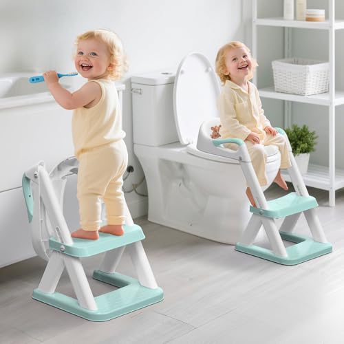 SKYROKU 8868 Potty Training Seat with Step Stool - Adjustable Height, Non-Slip, Splash-Proof, Foldable 2-in-1 Toddler Potty Seat with Armrests and Replaceable Cushion - Fits Most Toilets (Blue)