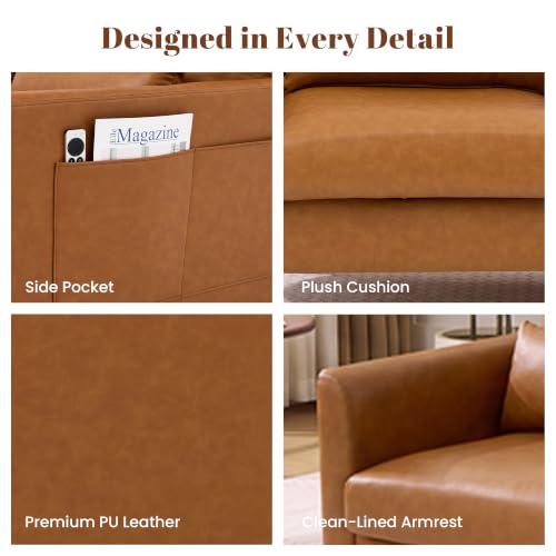 Image of Kingfun Faux Leather Armchair Sofa with Side Pocket,Mid Brown