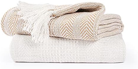 EHC Premium Pack of 2 Cross-Stitch Throws for Sofa/Chair Blanket,125 x 150cm - Grey/Ivory