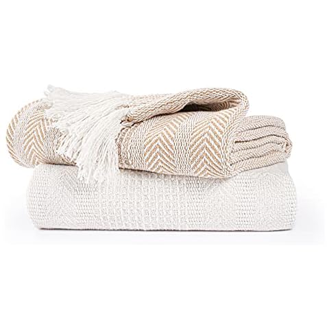EHC Premium Pack of 2 Cross-Stitch Throws for Sofa/Chair Blanket, 125 x 150cm - Beige/Ivory Cover