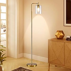 Depuley lampadaire sur pied salon,Lampadaire LED en Verre Métal Or, Lumière Chaude, Lampadaire de Salon avec Abat-jour en Verre, le Bureau, l’étude, E27 Ampoule Incluse,Interrupteur au Pied