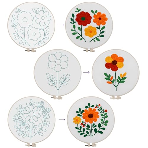 Image of Looples Punch Needle Embroidery Kit for Beginners and Adults with Video Tutorials - DIY Starter Kit with 3 Stamped Floral Patterns, Hoops, Threads, Needles, and Instructions (Punch Needle: Floral)