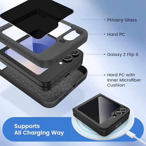 Image of Ruky for Z Flip 6 Case Built-in with Privacy Screen Protector, Black | Support Wireless Charging Full Body Cover Shockproof Hard PC Ultra-Thin Phone Case for Samsung Galaxy Z Flip 6, Black