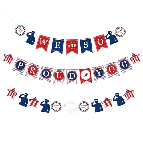 Adecortalk We Are So Proud of You Banner Welcome Home Banner for Retirement Patriotic Soldier Army Military Going Away Party Decorations Graduation Party Supplies (Blue White)