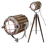 Lampadaire vintage en bois sur trépied.