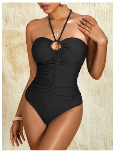 Milumia Women Strapless Bathing Suits Ruched Halter Bandeau One Piece Swimsuit2