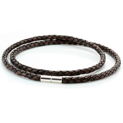 Image of CMJ London Men's Chunky Braided Leather Necklace with Sterling Silver Twist Clasp-Antique Dark Brown 20"
