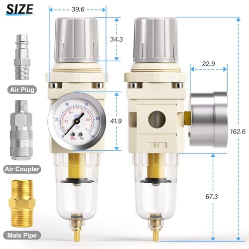 TAILONZ PNEUMATIC 1/4 Zoll BSP Luftfilter Druckregler Combo Piggyback, Druckluftwerkzeug-Kompressor-Filter mit Manometer AW2000-02