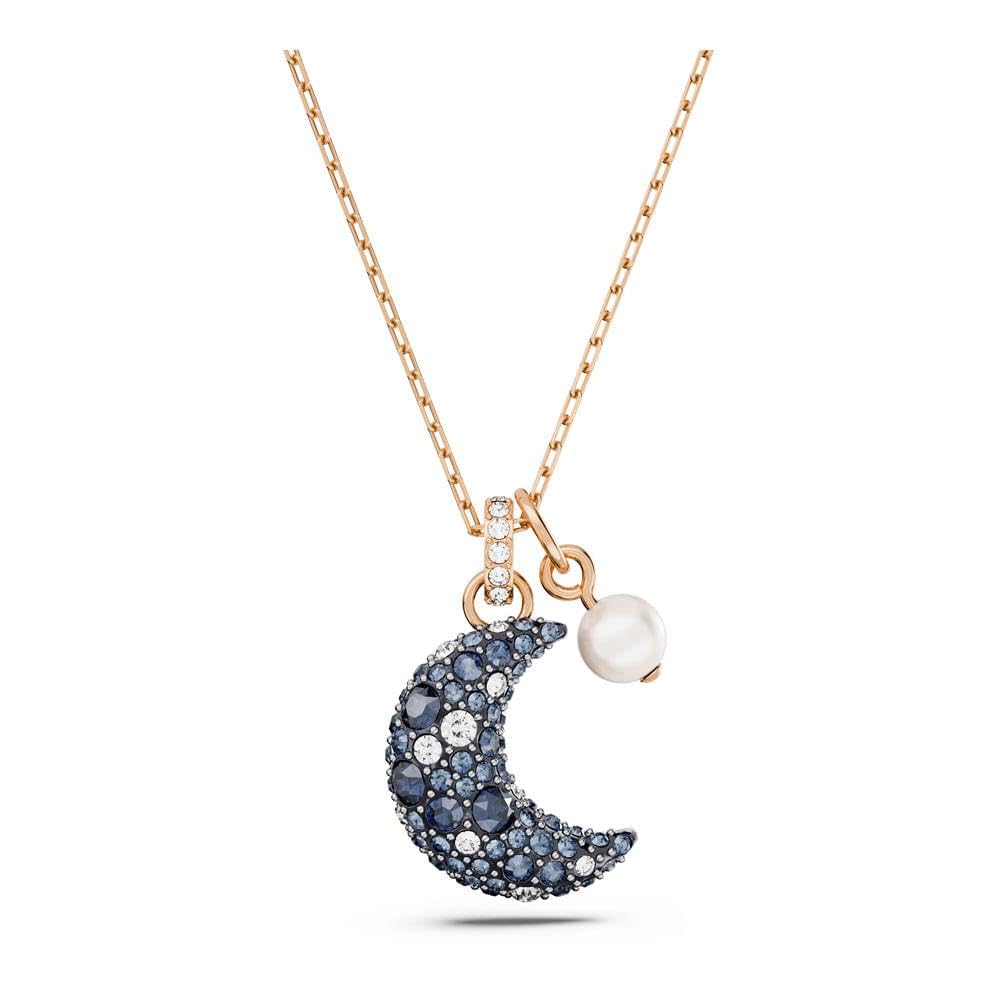 Swarovski Luna Pendant Necklace with Crescent Moon Motif and Dark Multicoloured Crystal Pavé, Rose Gold-Tone Plated Setting, from the Swarovski Luna Collection