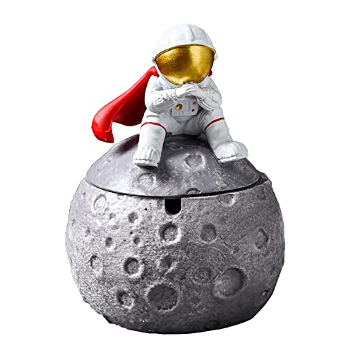 Astronaut Ashtray With Lid For Indoor Outdoor Home Office Living Room Table Cute Sit Down Astronaut Spaceman Moon Ashtray Resin Craft Ornament (Grey)