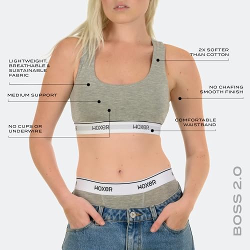 Image of Woxer Boss Bralette for Women - Wireless, Seamless, Comfortable Racerback - Soft Modal Workout & Sports Bra, Lounge, Yoga & Sleep Bralette, Everyday Wireless Bra, Heather Grey M