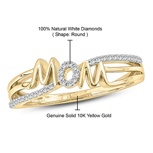 Cali Trove, 1/10Cttw Diamond Mother Ring For Women In Yellow Gold, 10K Yellow Gold Cursive Script Ring For Mom, Women’s Mom Cursive Ring With Round Diamond Accent And Split Shaft, Size 8 #TOP3