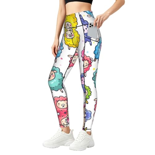 Pantalones elásticos con estampado de dibujos animados de ovejas leggings mujer bolsillos
